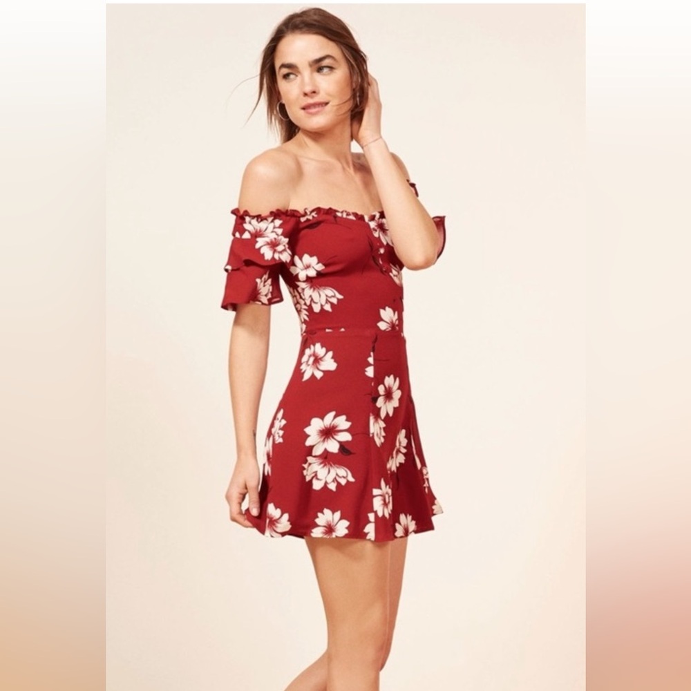 Reformation Diana Dress (Red ruffle floral off the shoulder mini dress)